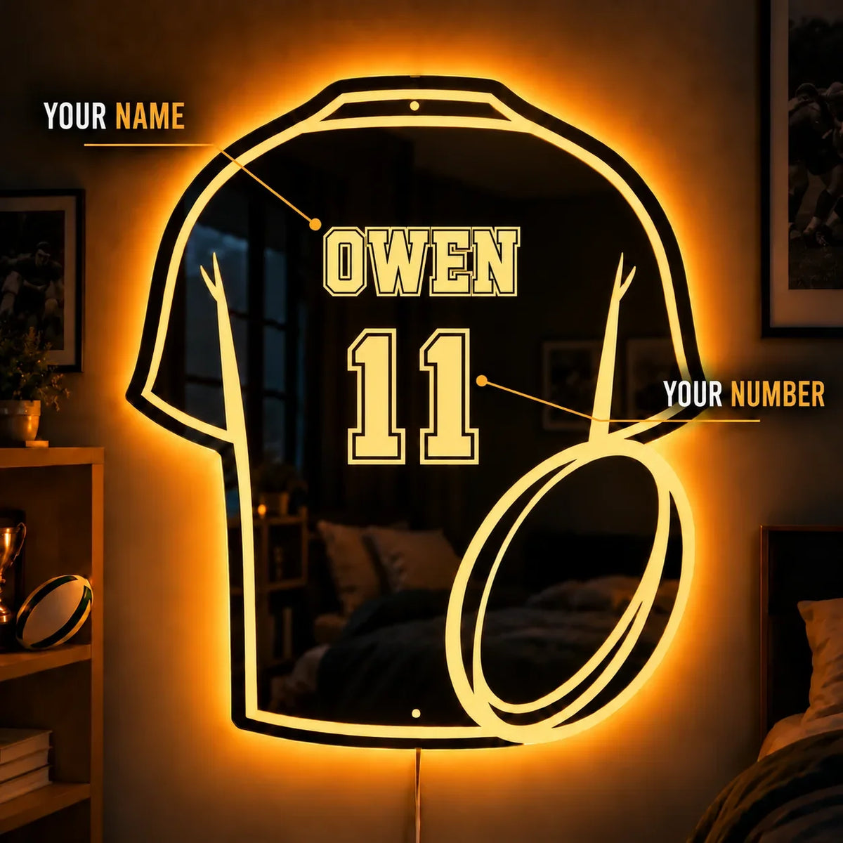 Personalized Rugby Ball LED Mirror